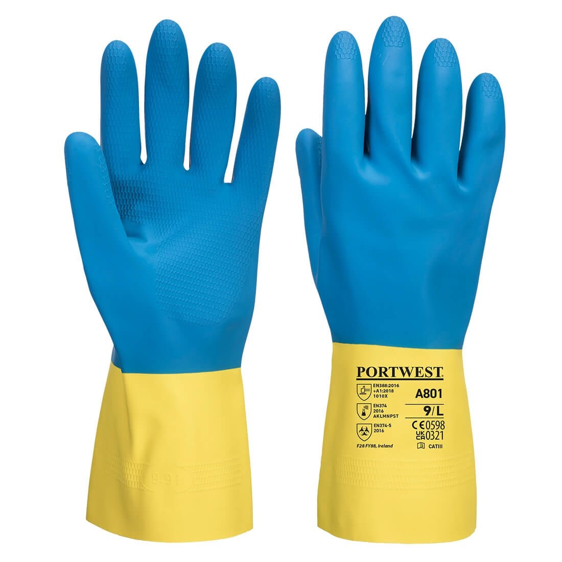 Yellow neoprene chemical-resistant gloves with extended cuffs, textured fingertips for grip, & smooth interior