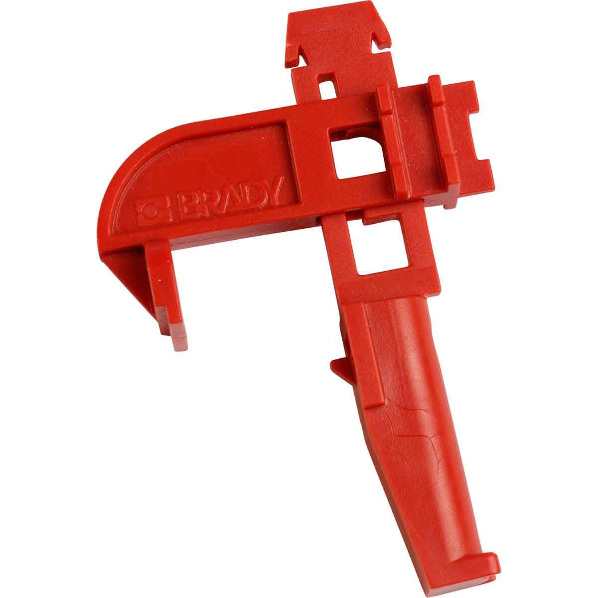A red circuit breaker lockout with an integrated tag holder, designed to display a lockout tag alongside the padlock