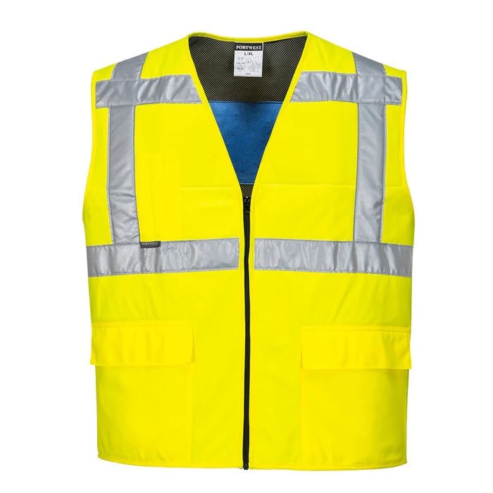 A high-visibility lemon cooling vest with reflective stripes, blending evaporative cooling panels with safety visibility.