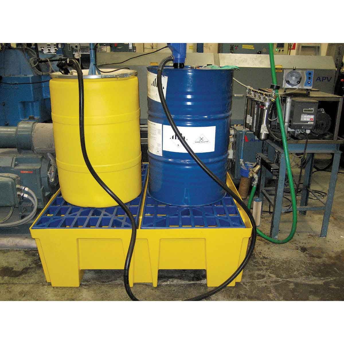 A yellow 2-drum spill containment pallet with a grated top & integrated sump for secondary containment of drums & containers