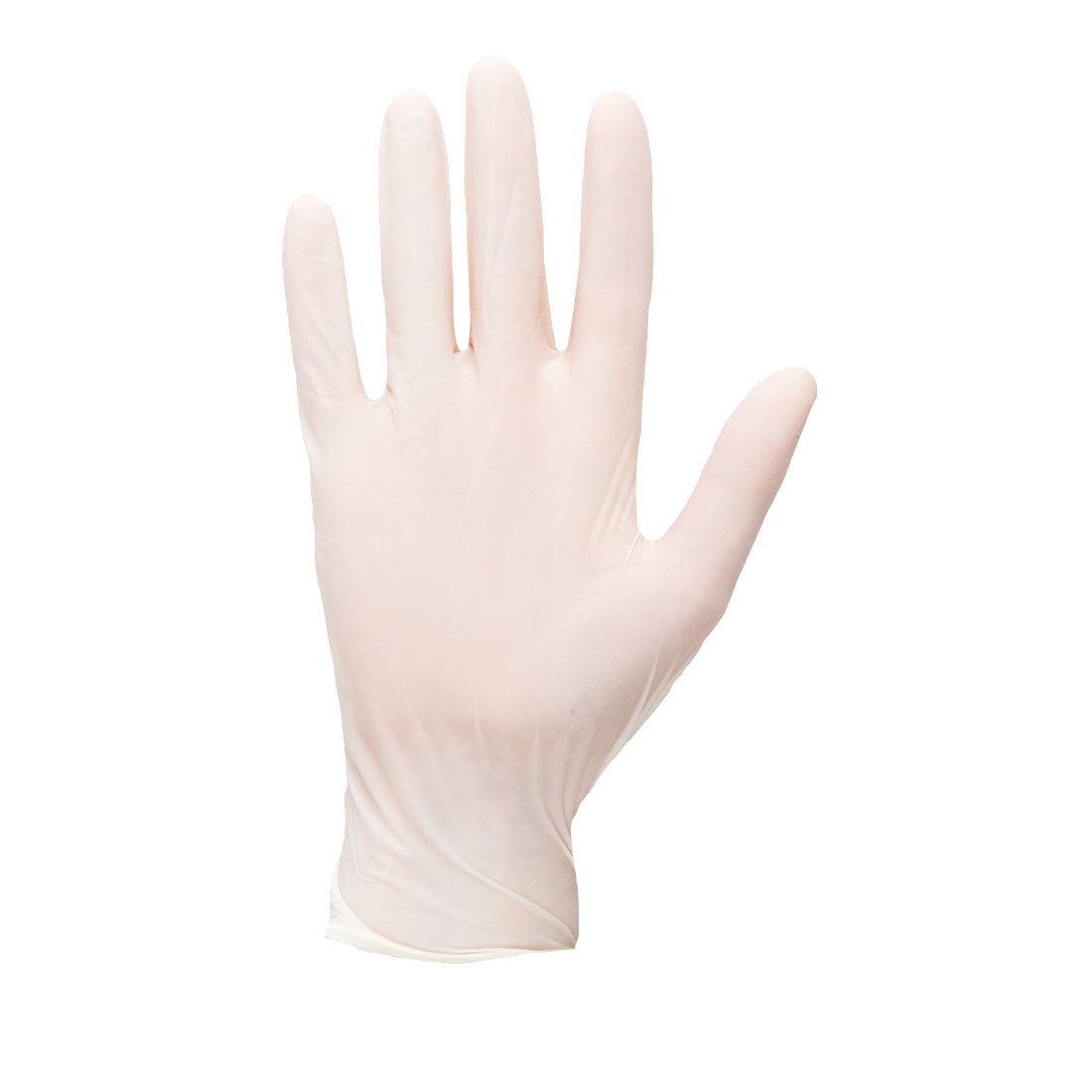 A pair of natural latex disposable gloves with a smooth finish and rolled cuff, displayed flat on a clean white surface