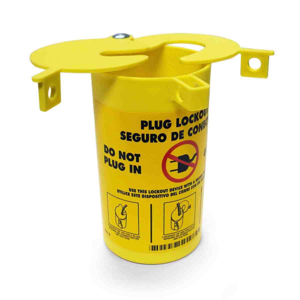 Yellow electrical plug lockout device designed to cover and isolate plug blades, featuring a hinged cover and padlock hole