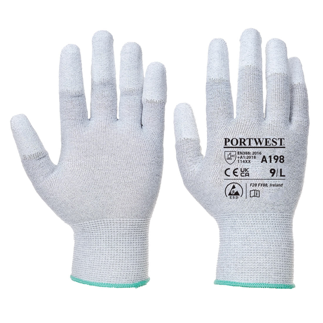 White cleanroom ESD gloves with a seamless knit construction, designed for static-sensitive environments