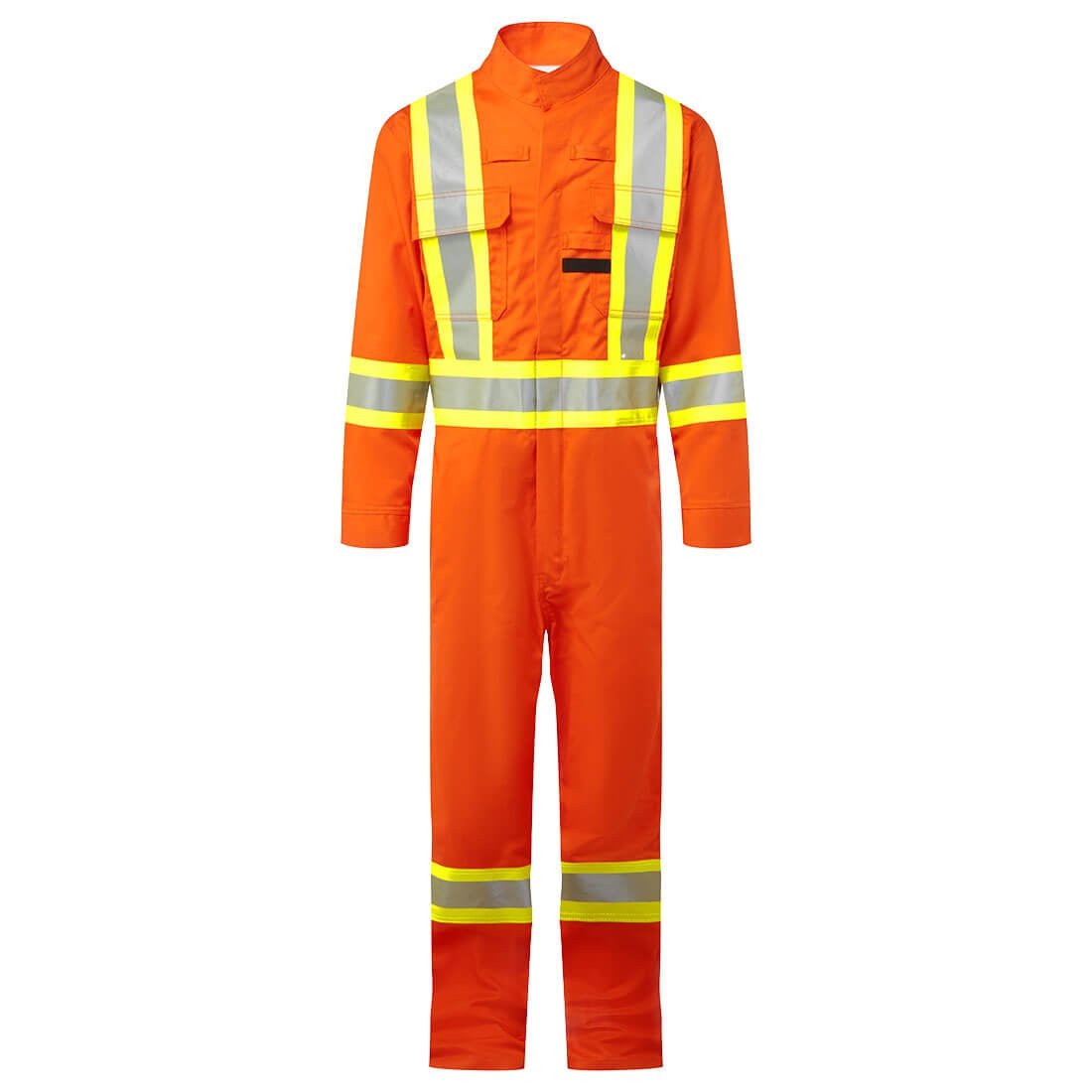 Orange flame-resistant coverall with silver reflective stripes across the chest, back, and legs, a front zipper and pockets.