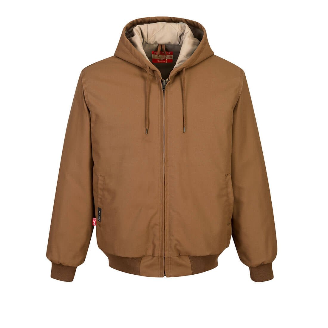 Brown FR jacket in khaki with breathable cotton fabric, snap closures, & ventilated back, for warm-weather industrial work