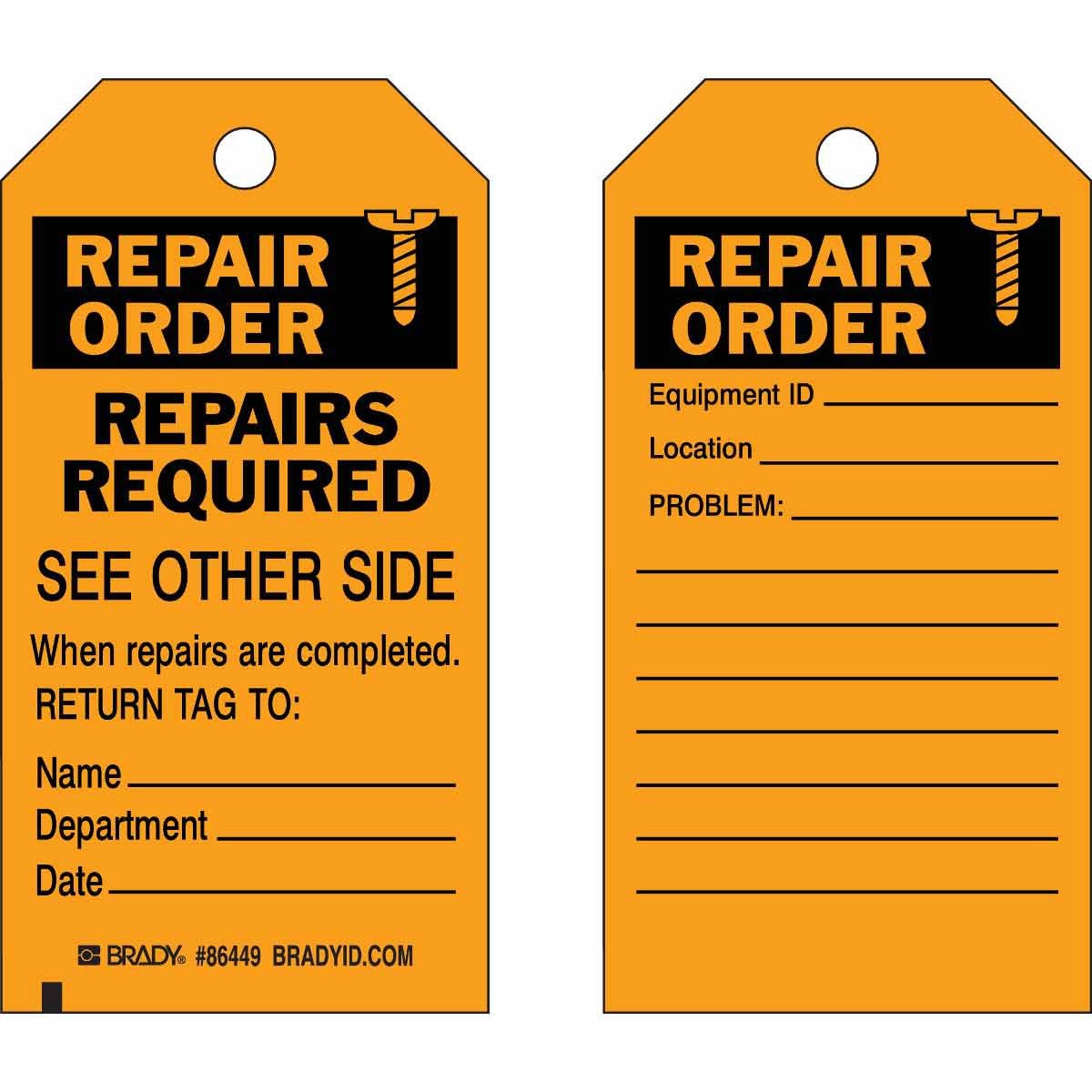 A yellow repair tag with an inspection log section on the reverse side, showing spaces for multiple repair dates