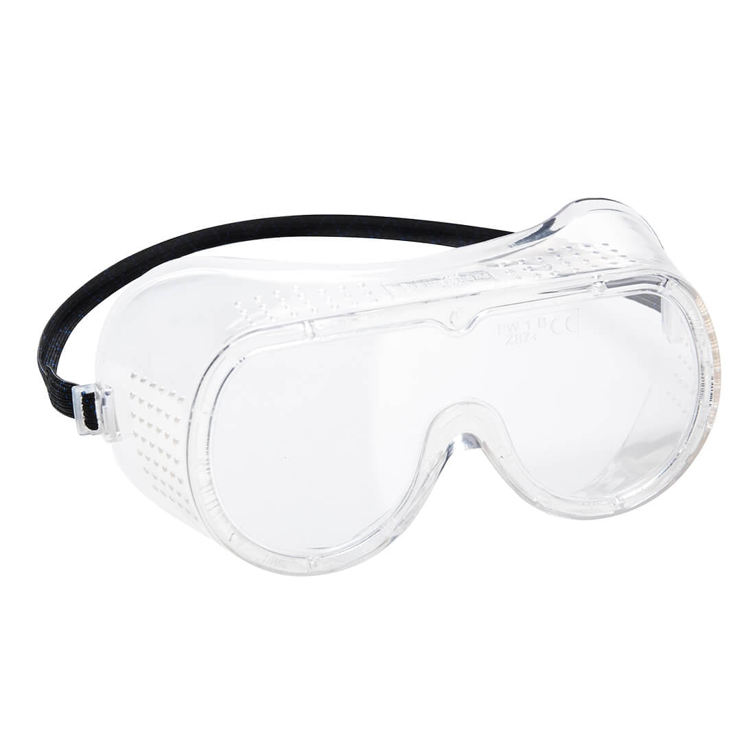 A pair of clear safety goggles with a polycarbonate lens, adjustable elastic strap,  displayed on a white background