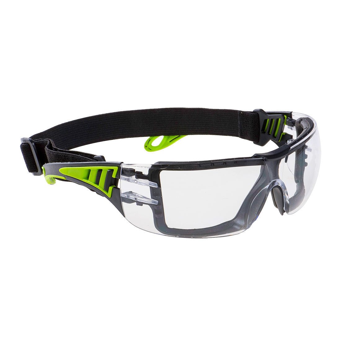 A pair of clear safety spectacles with a wrap-around polycarbonate lens, adjustable temples, and integrated side shields