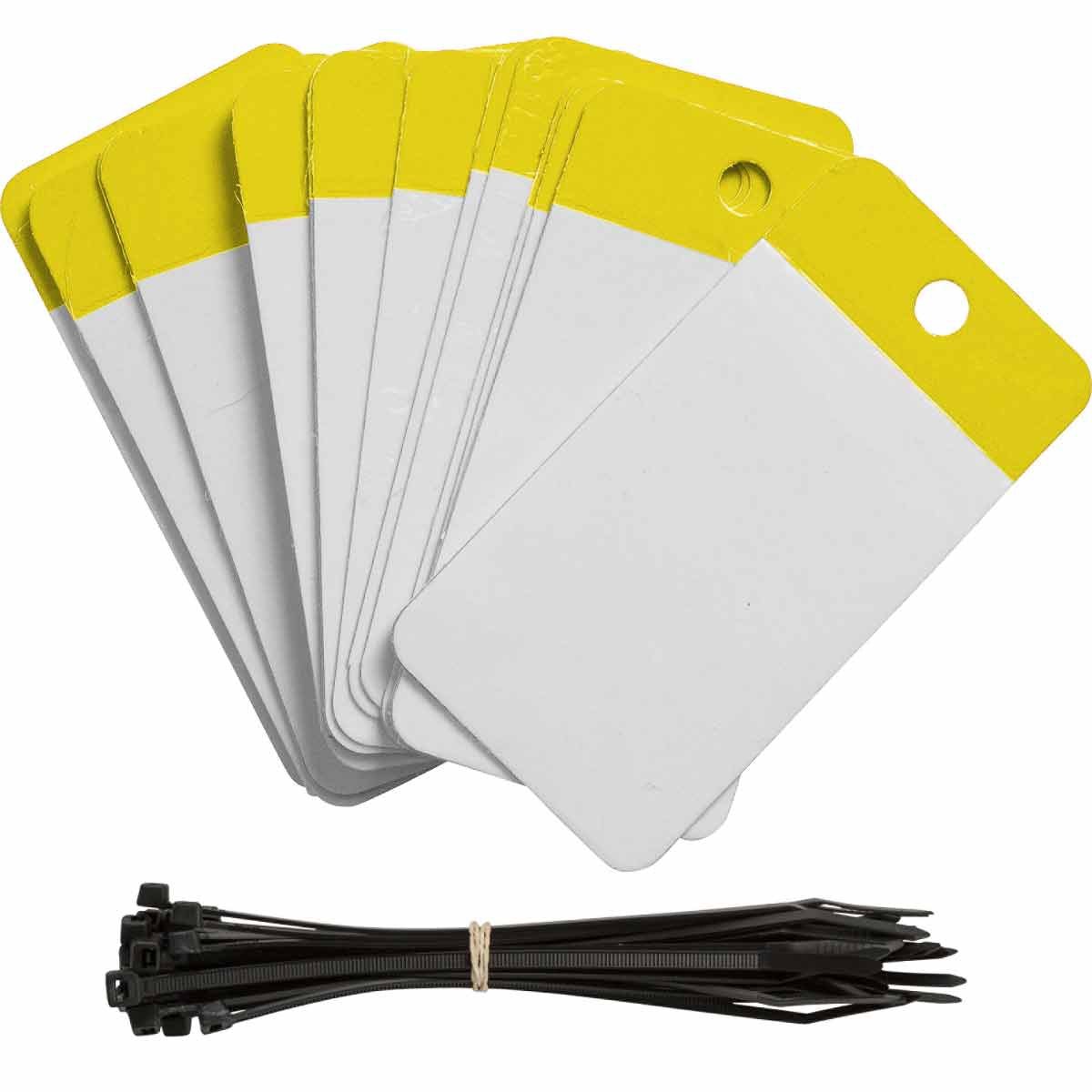 A white self-laminating blank tag with a writable surface and a clear laminate flap, displayed flat