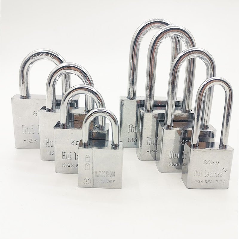 Steel padlocks used on industrial fencing and gate applications, showing the weather-resistant finish