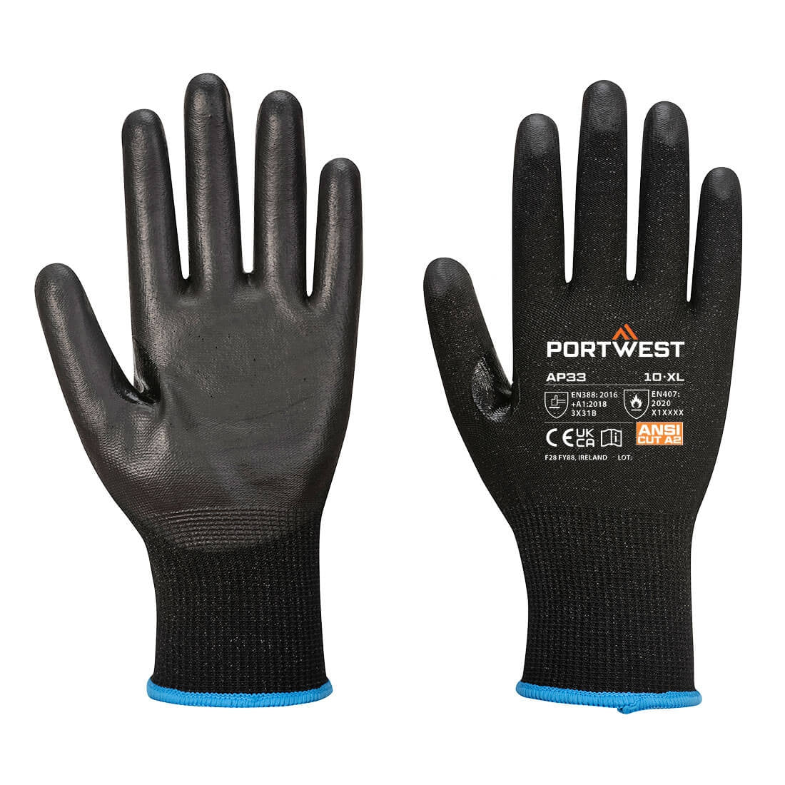 Black performance touchscreen gloves with a polyurethane-coated palm, reinforced fingertips, & conductive thread on the thumb