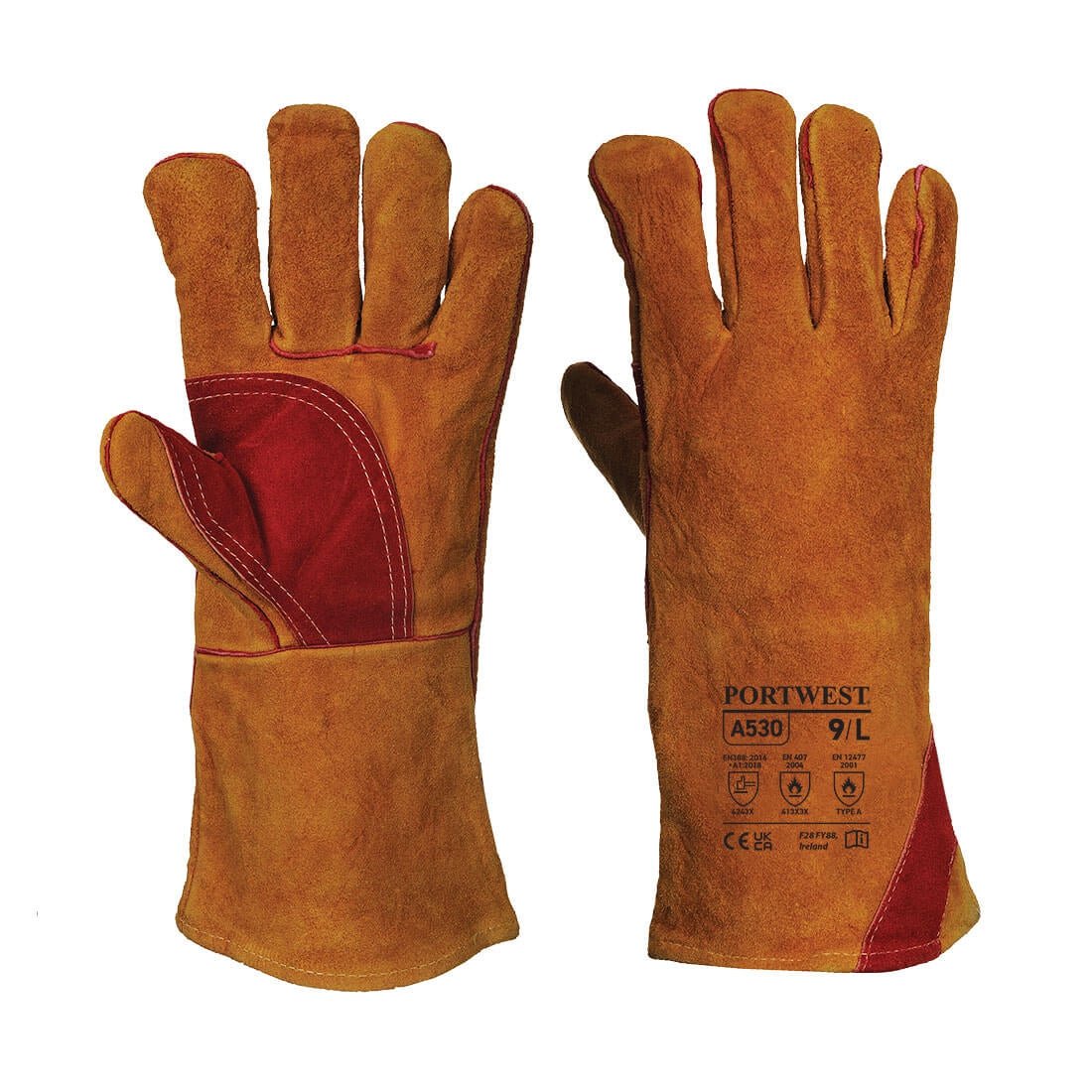 A pair of brown leather welding gloves displayed with a welding helmet, safety glasses, and a metal workpiece