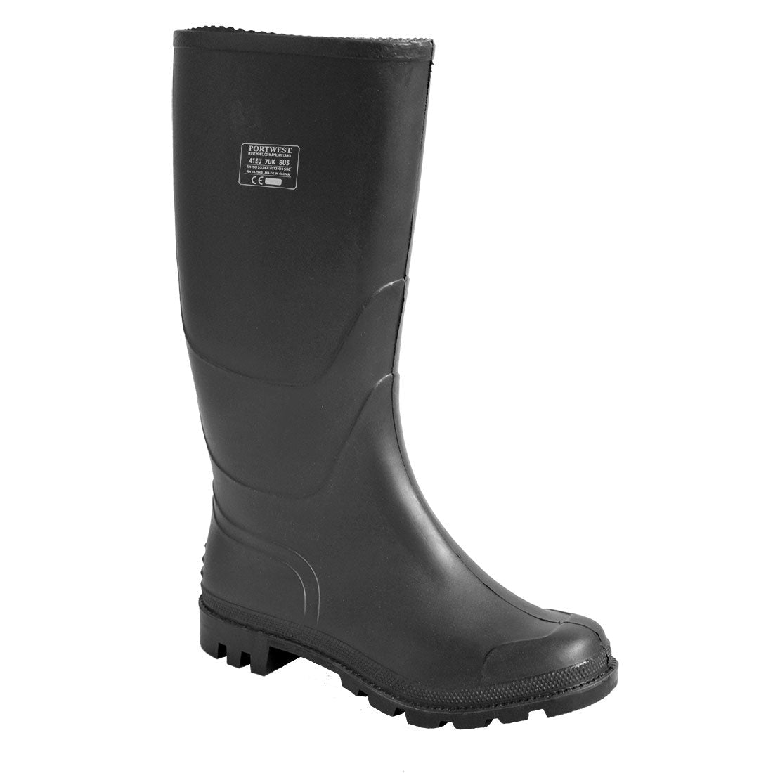 Close-up of a chemical-rated Wellington showing neoprene upper, reinforced shank, and slip-resistant tread.