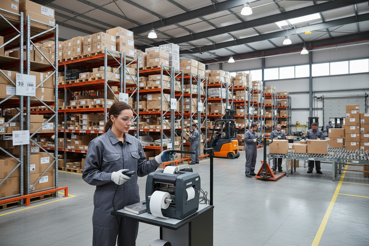 Woman wearing coverall in a huge warehouse with industrial label printer in her front and stacked inventories and cartons behind. 5 other workers scattered around the warehouse