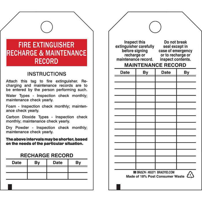 Fire Extinguisher Recharge and Maintenance Record Tags