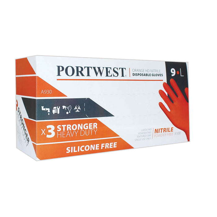 A930 - Portwest Orange HD Disposable Gloves Orange (Box of 100)